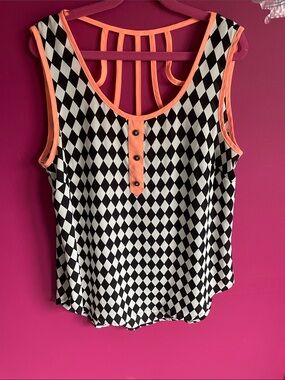 Women's Black & White Diamond Print Tank with Coral Trim
